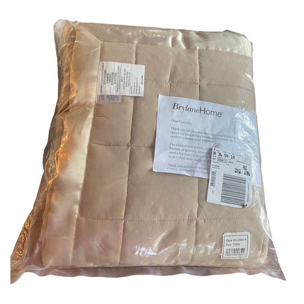 BrylaneHome Twin Tan Down Alternative Blanket Box Stitch Satin Trim NIB